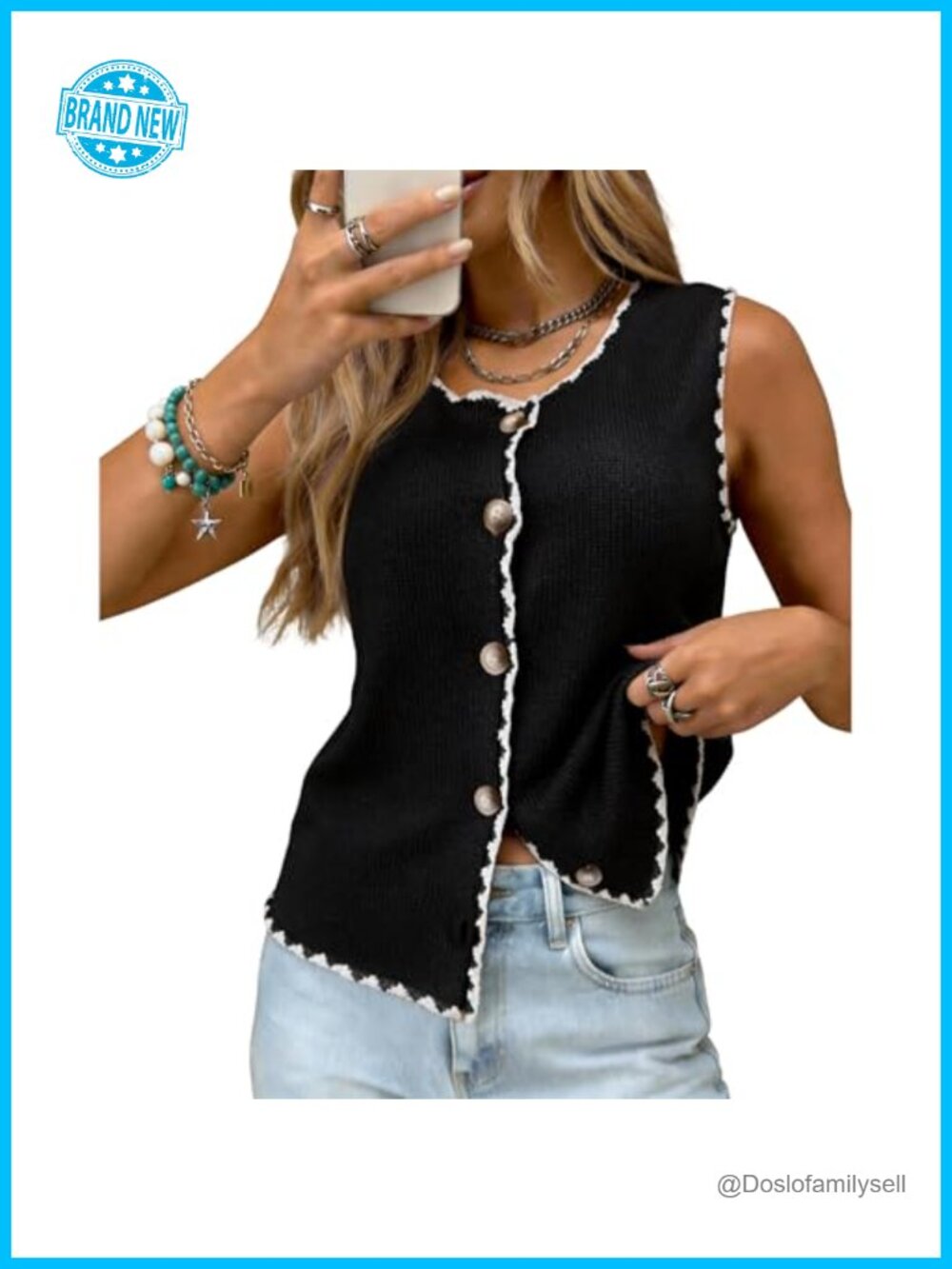 Sweater Vest Button Down Sleeveless Knit Top Acrylic Cotton
